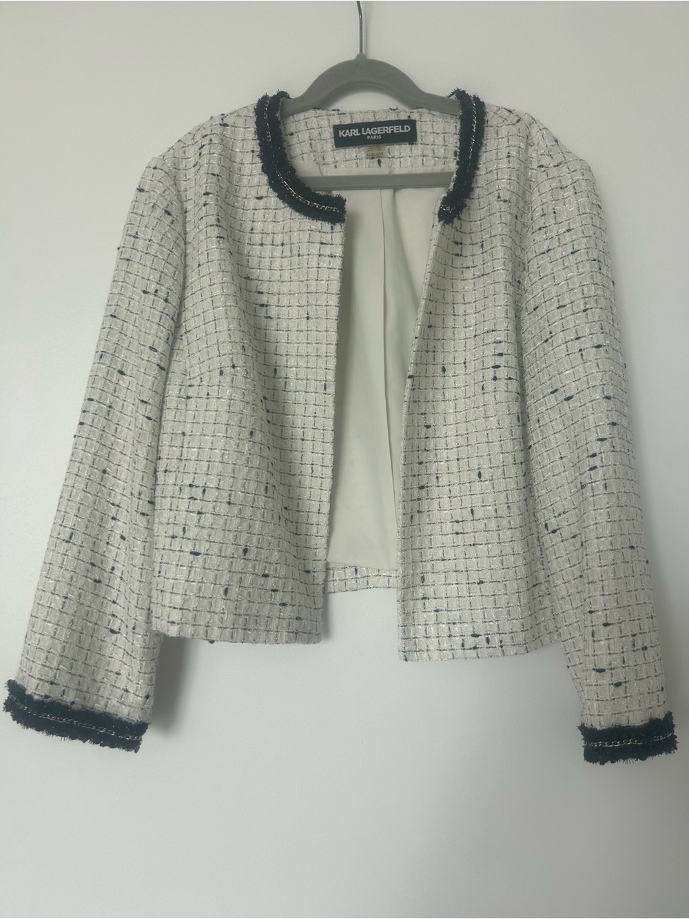 Karl Lagerfeld White Tweed Open Jacket with Black Fringe Trim